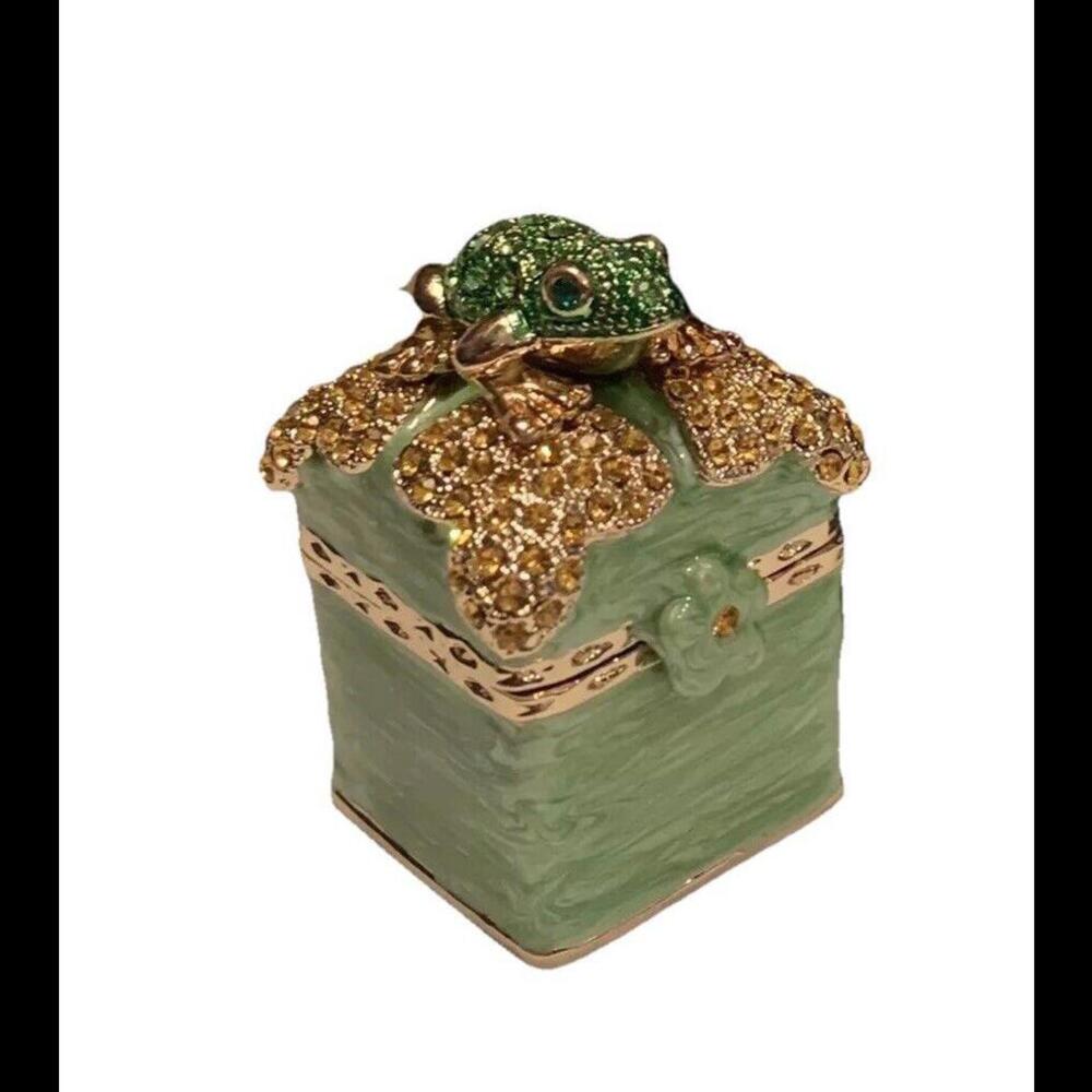 👸🏼Gold Tone & Green Enamel Frog Trinket Box Keren Kopal Austrian Crystal